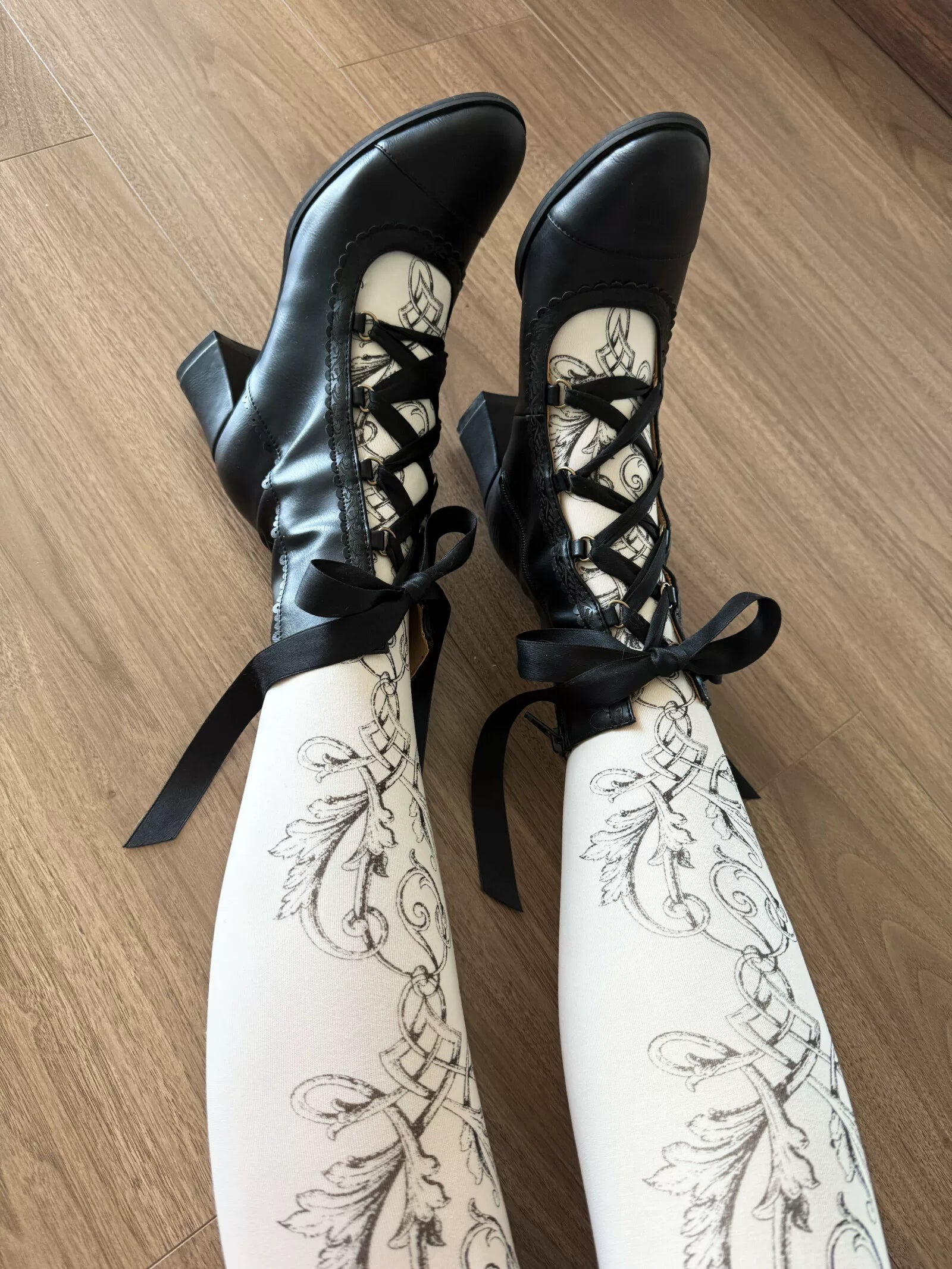 Angel Floral Wall - Classic Lolita Straps Ankle Boots, Side Zipper 45766:861587