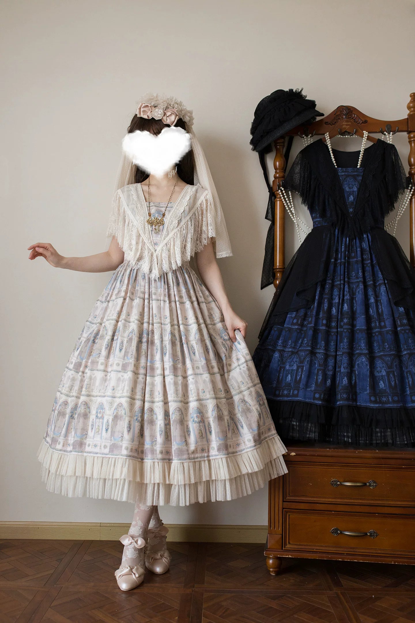 Reims Cathedral - Printed Classic Lolita Dress, Detachable Gauze Outlayer 44701:819137