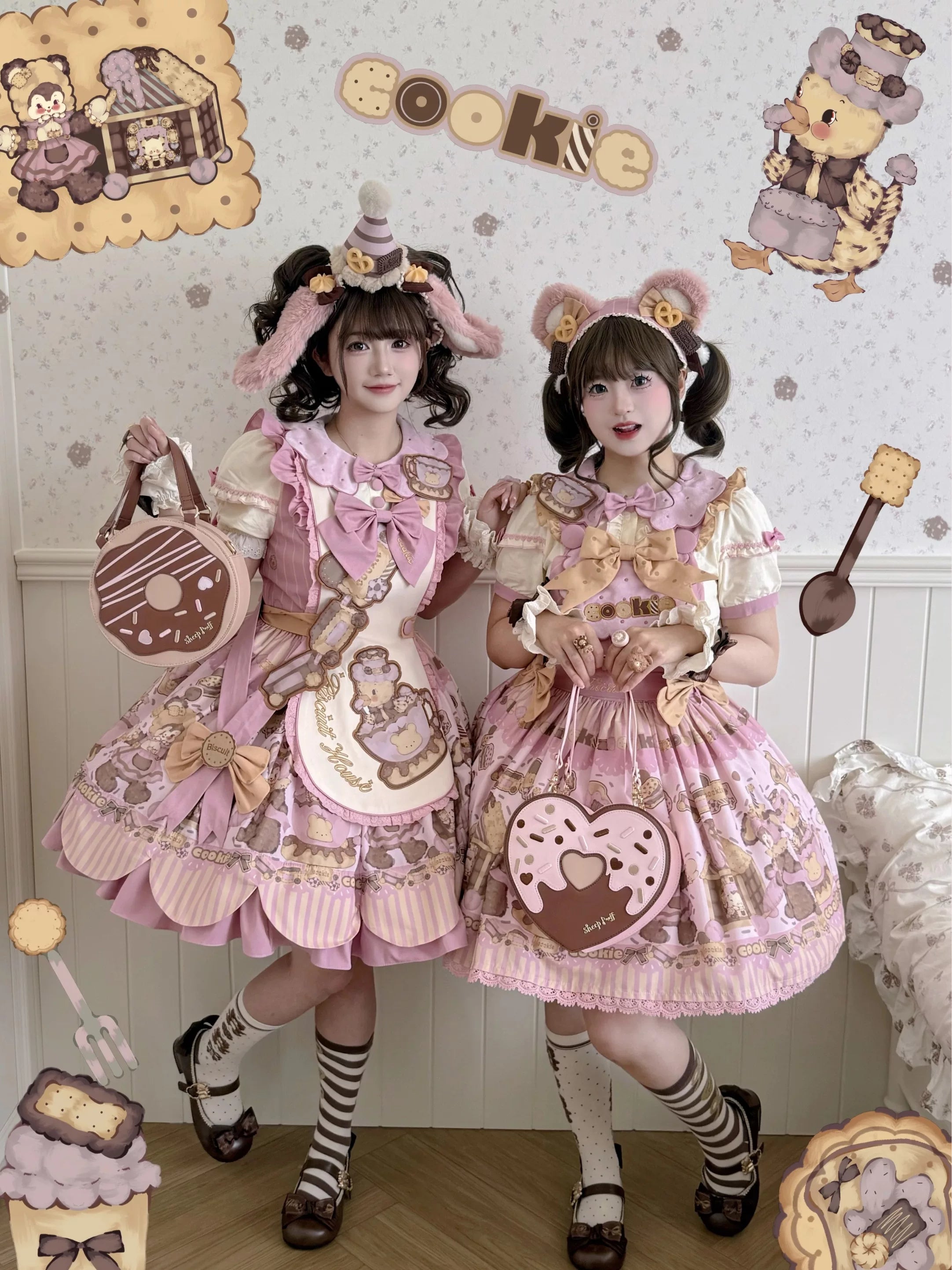 Bear Biscuit SP - Kawaii Lolita Bear Printed Dress Set with Bows