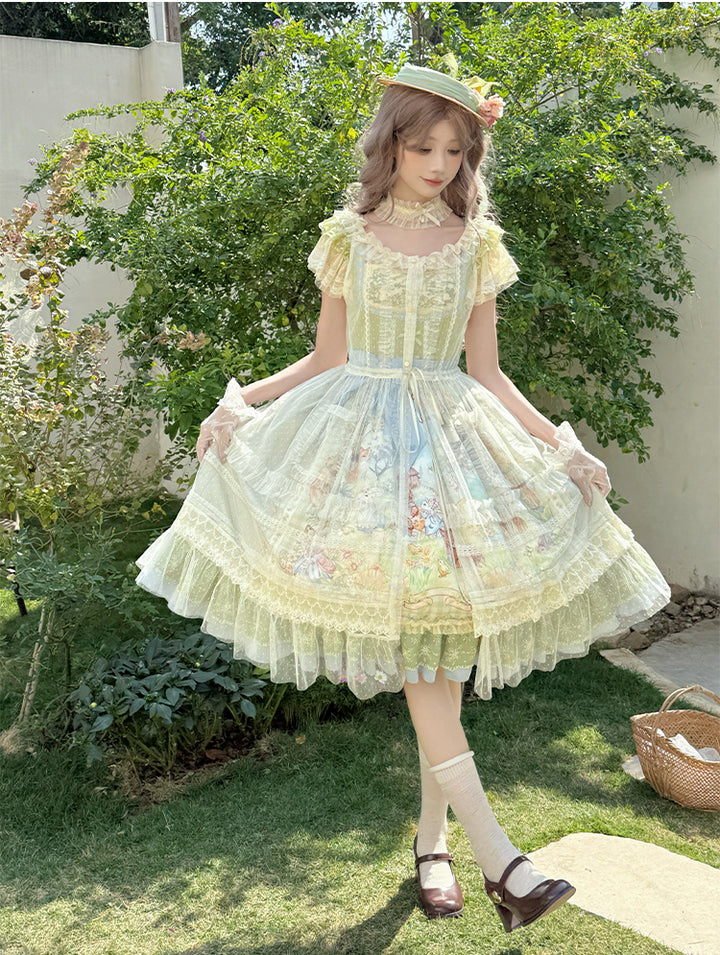 Strawberry Fantasia~Spring Bloom~Country Lolita JSK Set with Animal Prints and Overlay