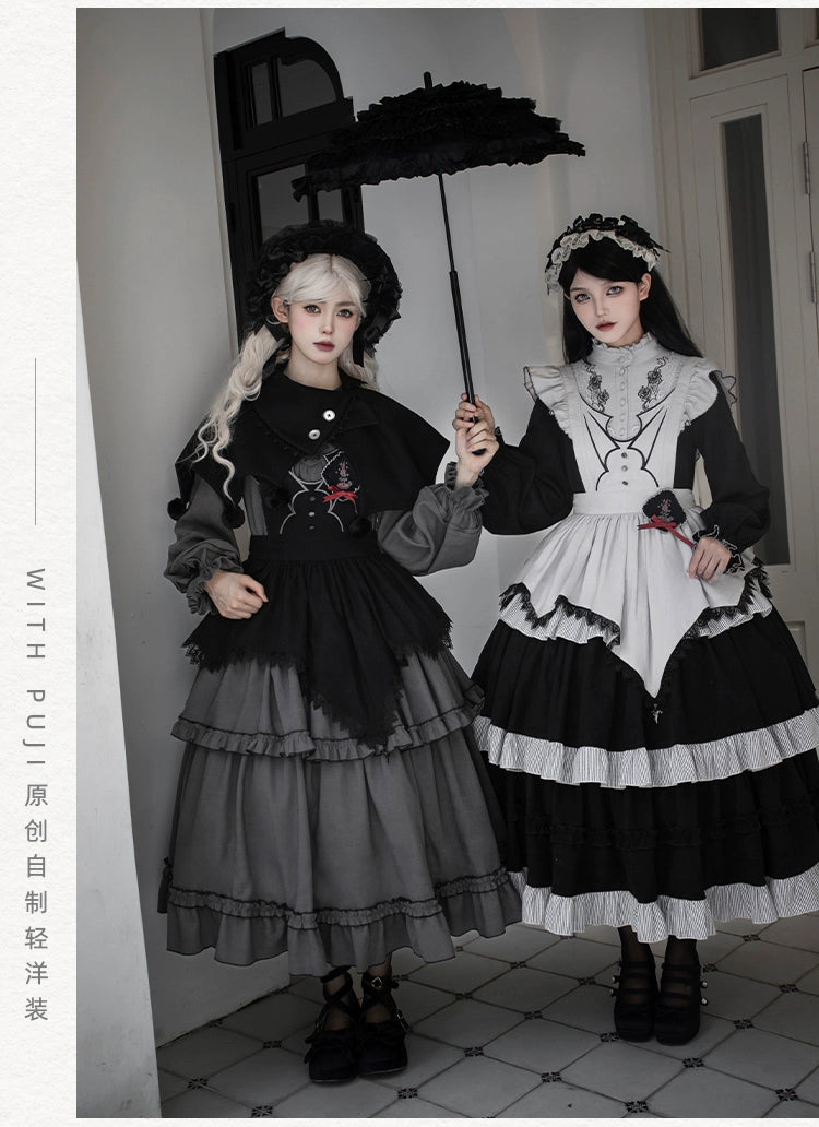 With PUJI~Castle Night~Gothic Twins Lolita OP Three-tiered Embroidery Dress