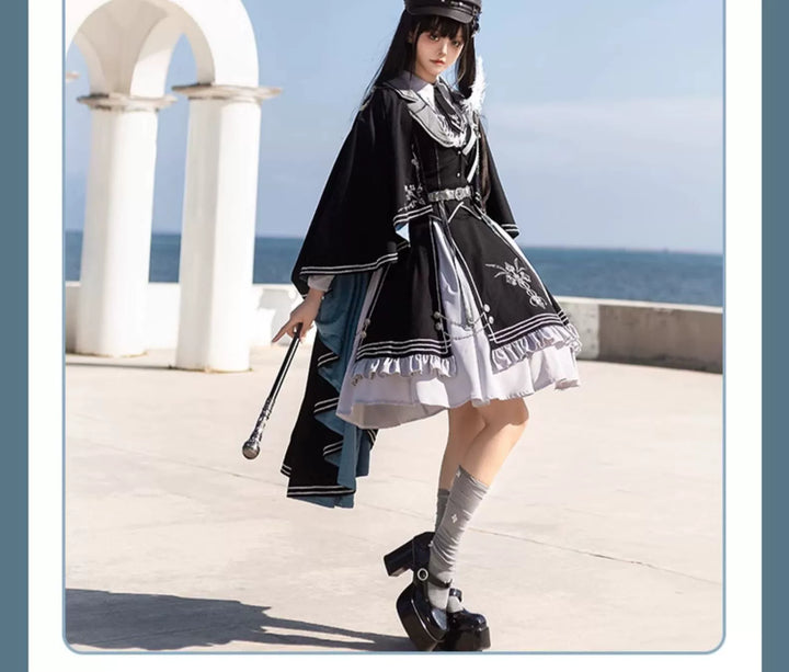 CHUNLV LOLITA~Dark Night Contract~Blue Military Lolita Dress Suit Skirt Elegant OP Cape