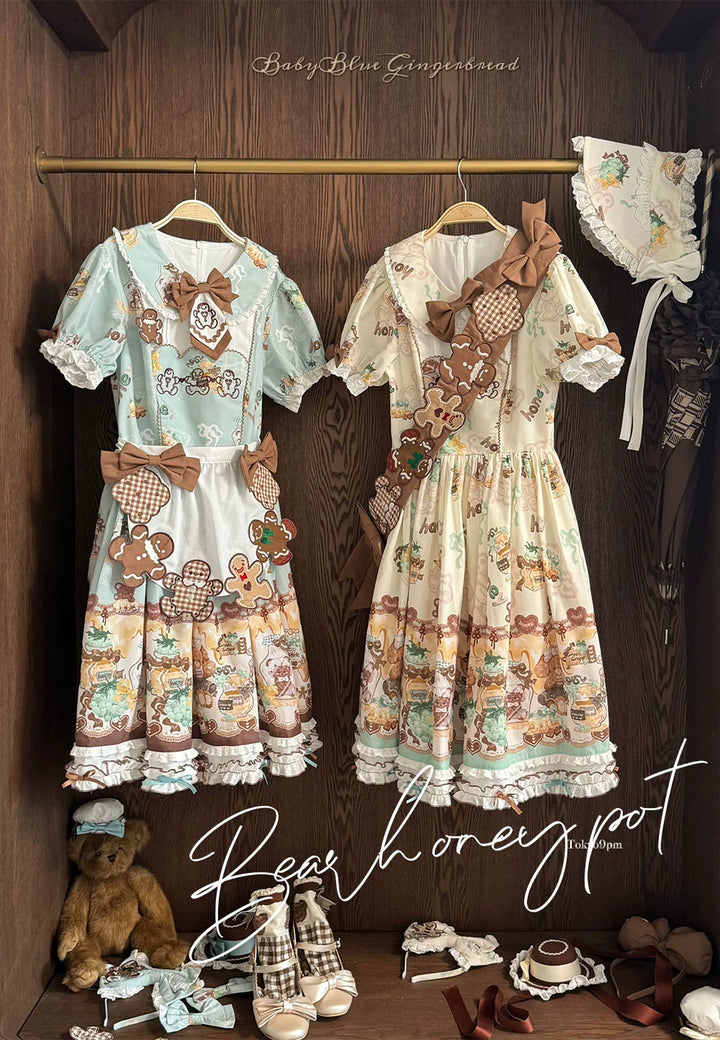 Babyblue~Little Bear Honey Jar~Kawaii Lolita Short Sleeve OP Gingerbread Man Embroidered Dress   