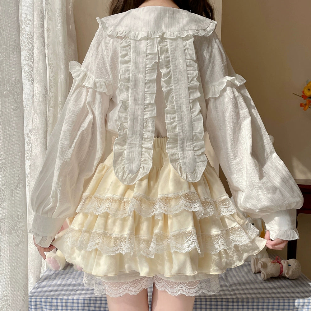Sugar Girl~Kawaii Lolita Skirt Lace Cake Short SK Free size Off-white 