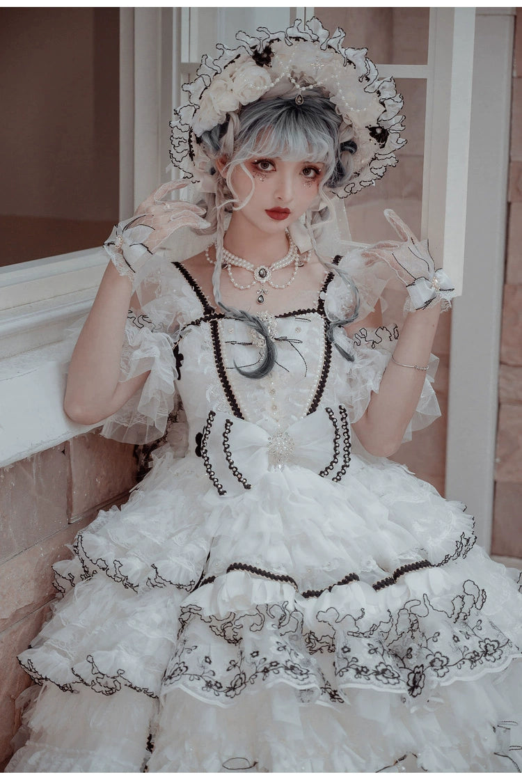 Cat Fairy~Dark Starry Night~Wedding Lolita Jumper Dress Black And White Tea Party Dress