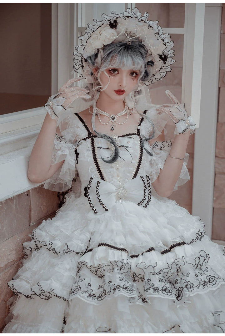 Cat Fairy~Dark Starry Night~Wedding Lolita Jumper Dress Black And White Tea Party Dress