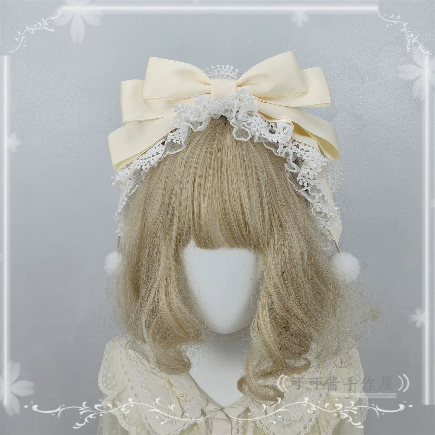Sweet Lolita Lace Bowknot KC, Pom-pom Accent KC Yellow
