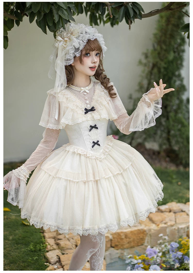 White Mist Promise - Classic Lolita Corset OP Set, Edwardian Collar & Tiered Hem 45173:838291