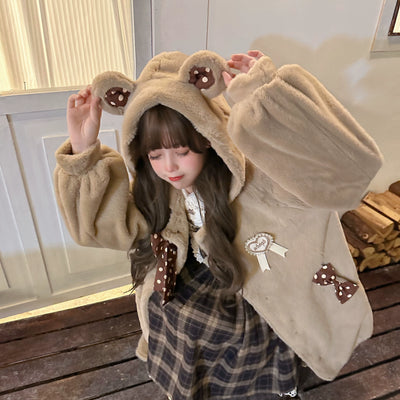 Sissy the shepherd~Pearl Milk Tea Bear~Kawaii Lolita Coat Winter Lolita Coffee Plush Overcoat Free size Regular lining version 