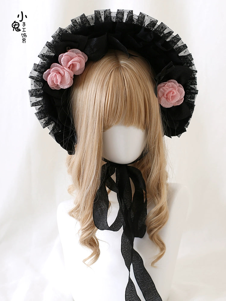 Xiaogui - Gothic Lolita Black Lace Flowers Bonnet