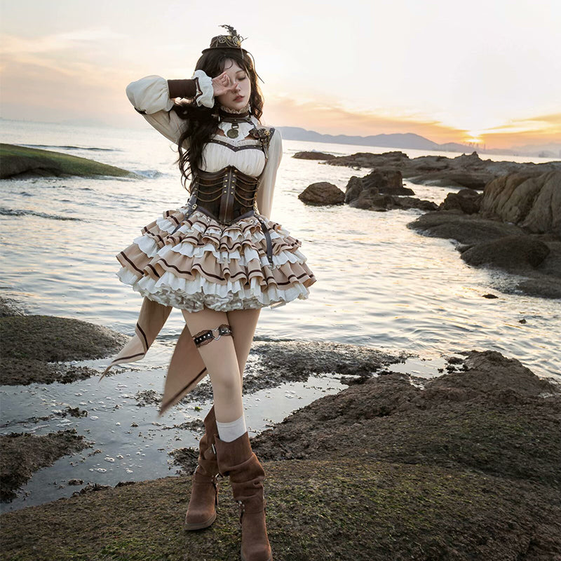 Sakurahime - Time Sand Rear - Punk Lolita OP Cute Daily Lolita Dress S Four-piece set (OP + vest + trailing + neck ring)