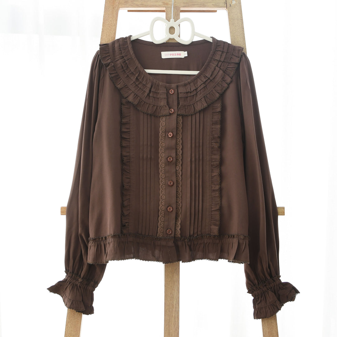 MIST~Wine Drunk Rose~Sweet Cotton Lolita Blouse with Ruffles and Pleats Coffee brown blouse only S