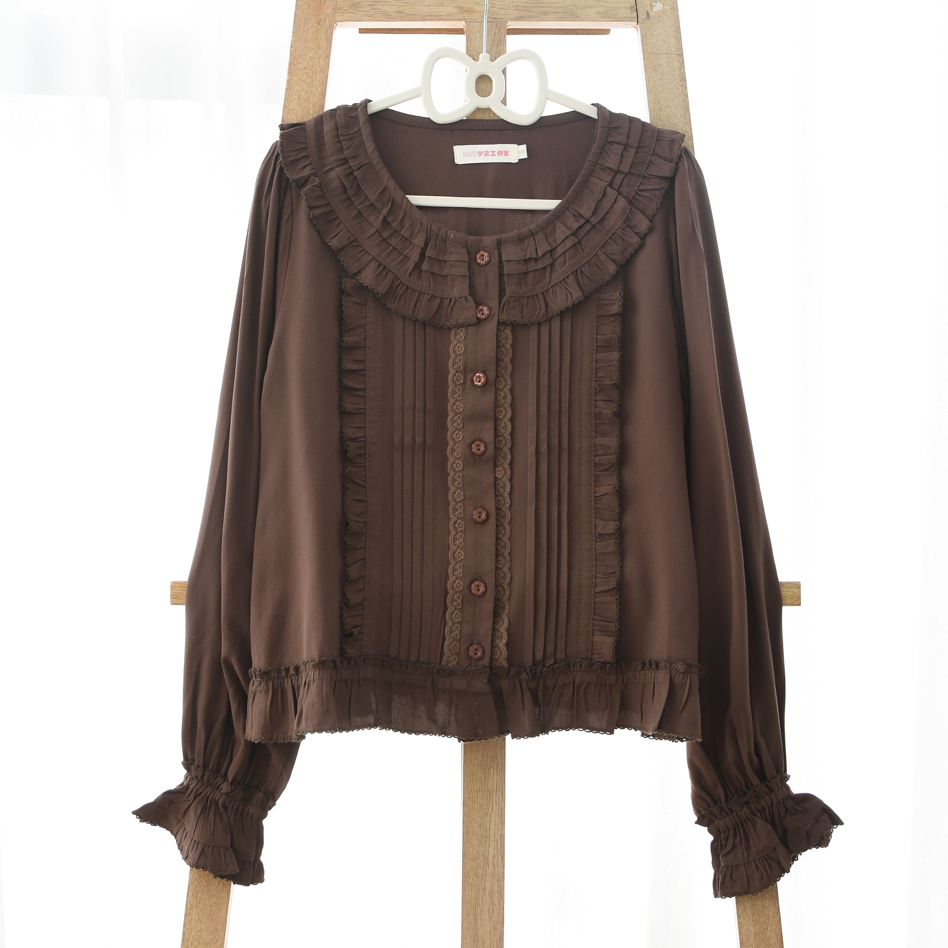MIST - Wine Drunk Rose - Sweet Cotton Lolita Blouse with Ruffles and Pleats Coffee brown blouse only S
