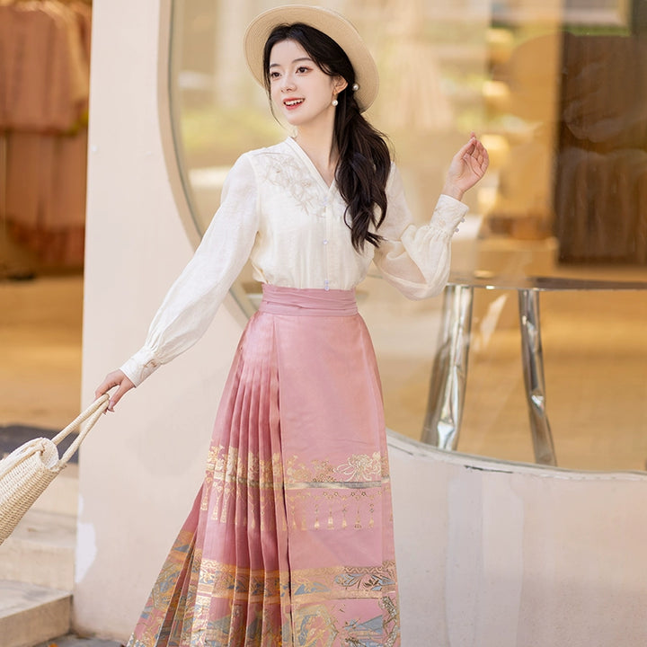 Chixia~Chinese Symbol of Jiangnan in Painting~Han Lolita Skirt Long Sleeve Shirt and Horse Face Skirt Set S two-piece set (peach blossom pink skirt+blouse) 