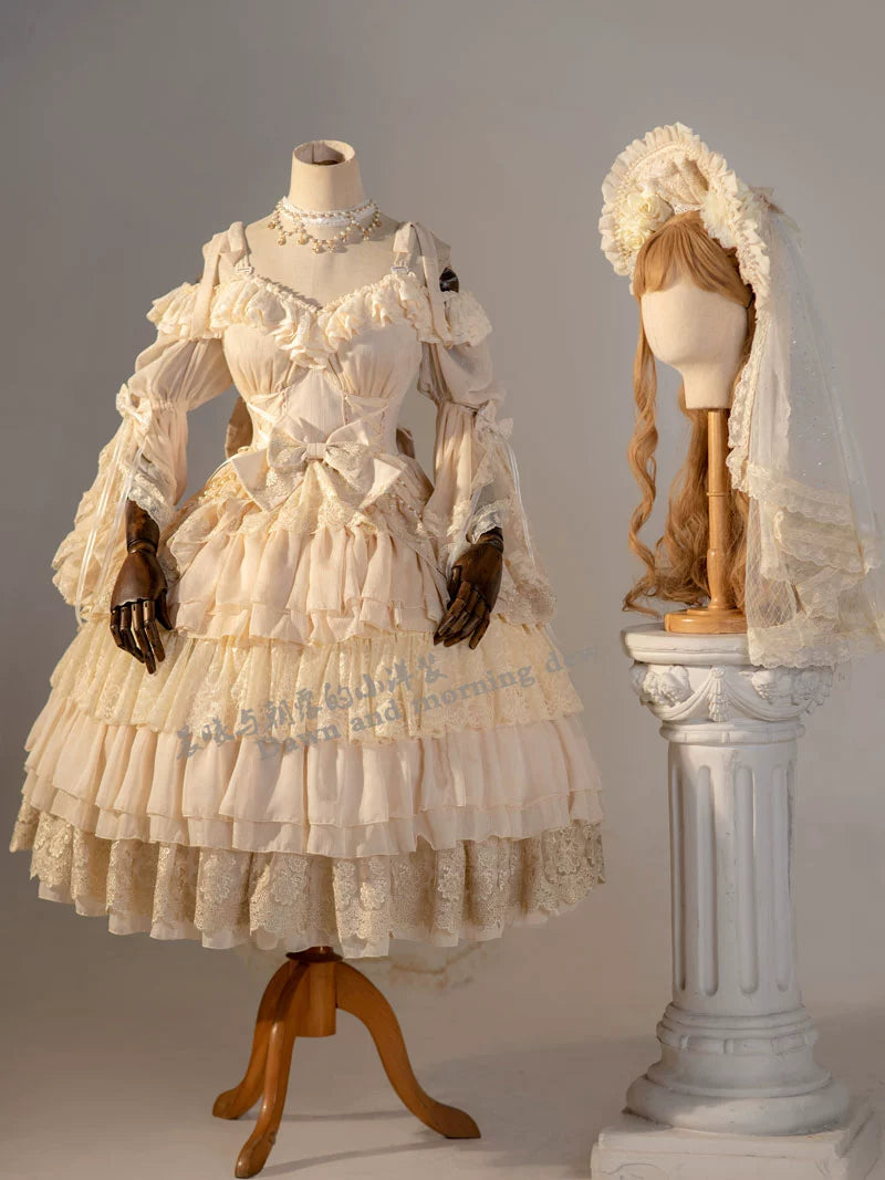 Dawn and Morning - Elegant Lolita OP Dress Sunrise Elf Long Dress S Morning Elf Set (Apricot full set)