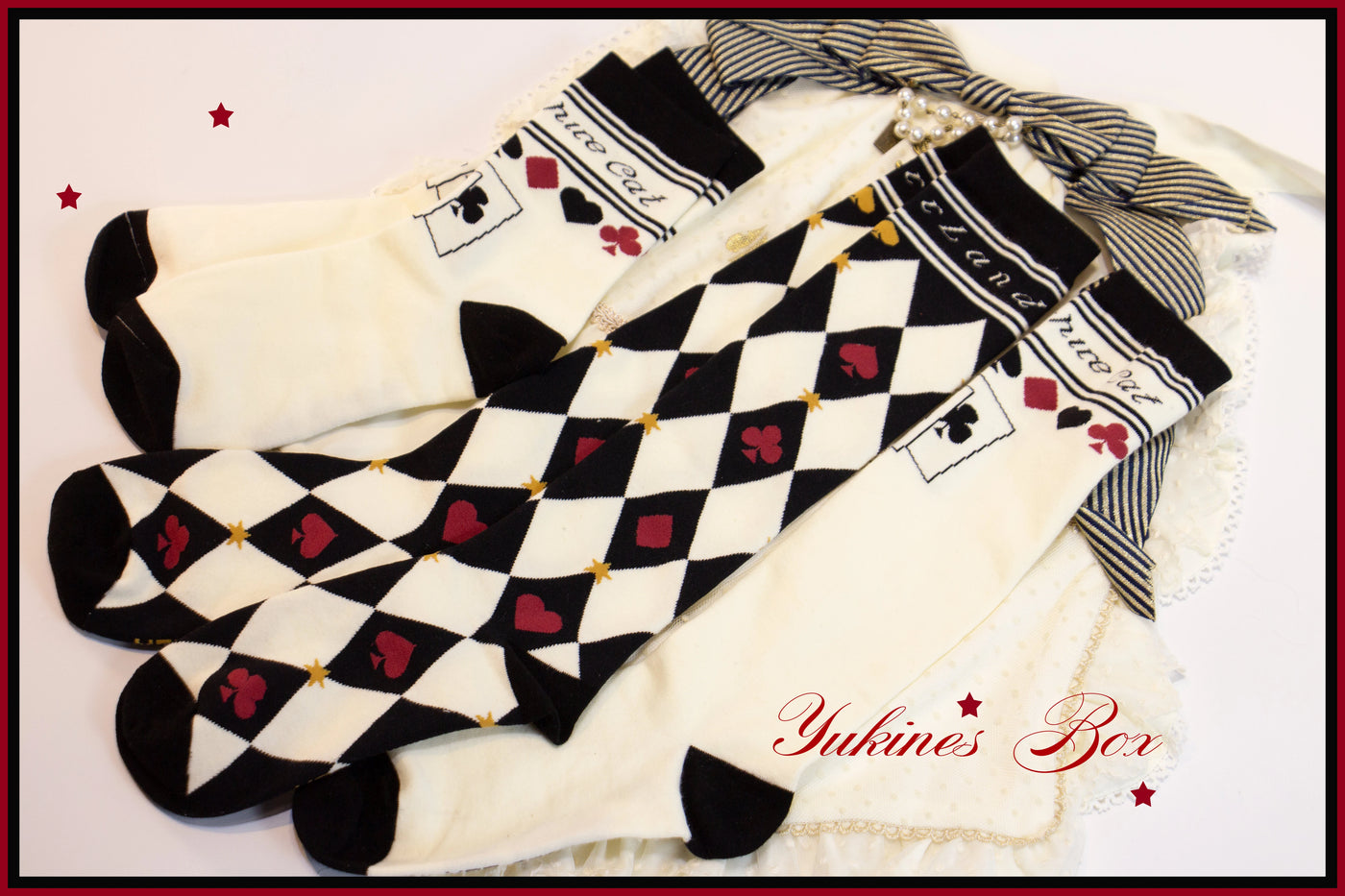 Yukines Box~Daily Lolita Cotton Asymmetric Print Socks short socks black and white (asymmetrical print) 