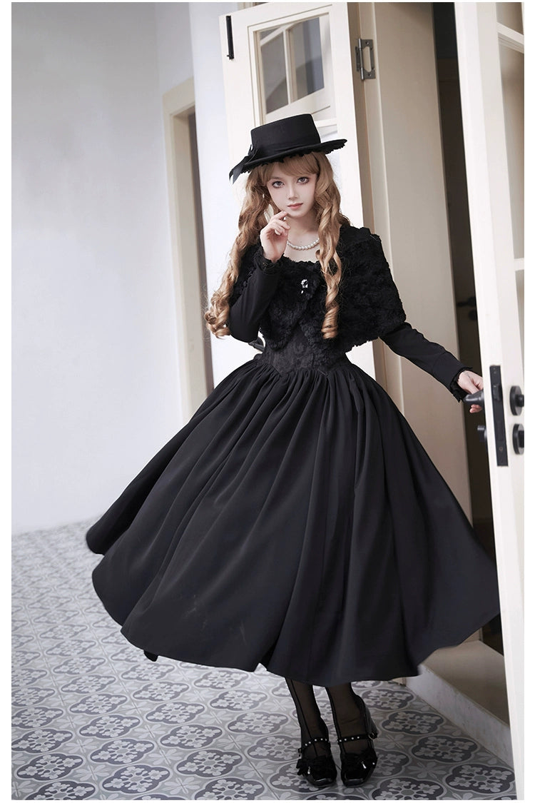 With PUJI~Old Testament~Classic Lolita Coat Black Plush Lolita Cape and Brooch