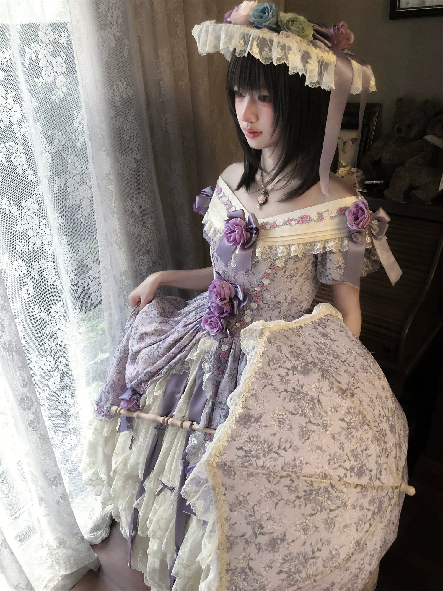 Dolota Flower Wall - Classic Lolita Floral OP Dress, Open Shoulder 44485:811157
