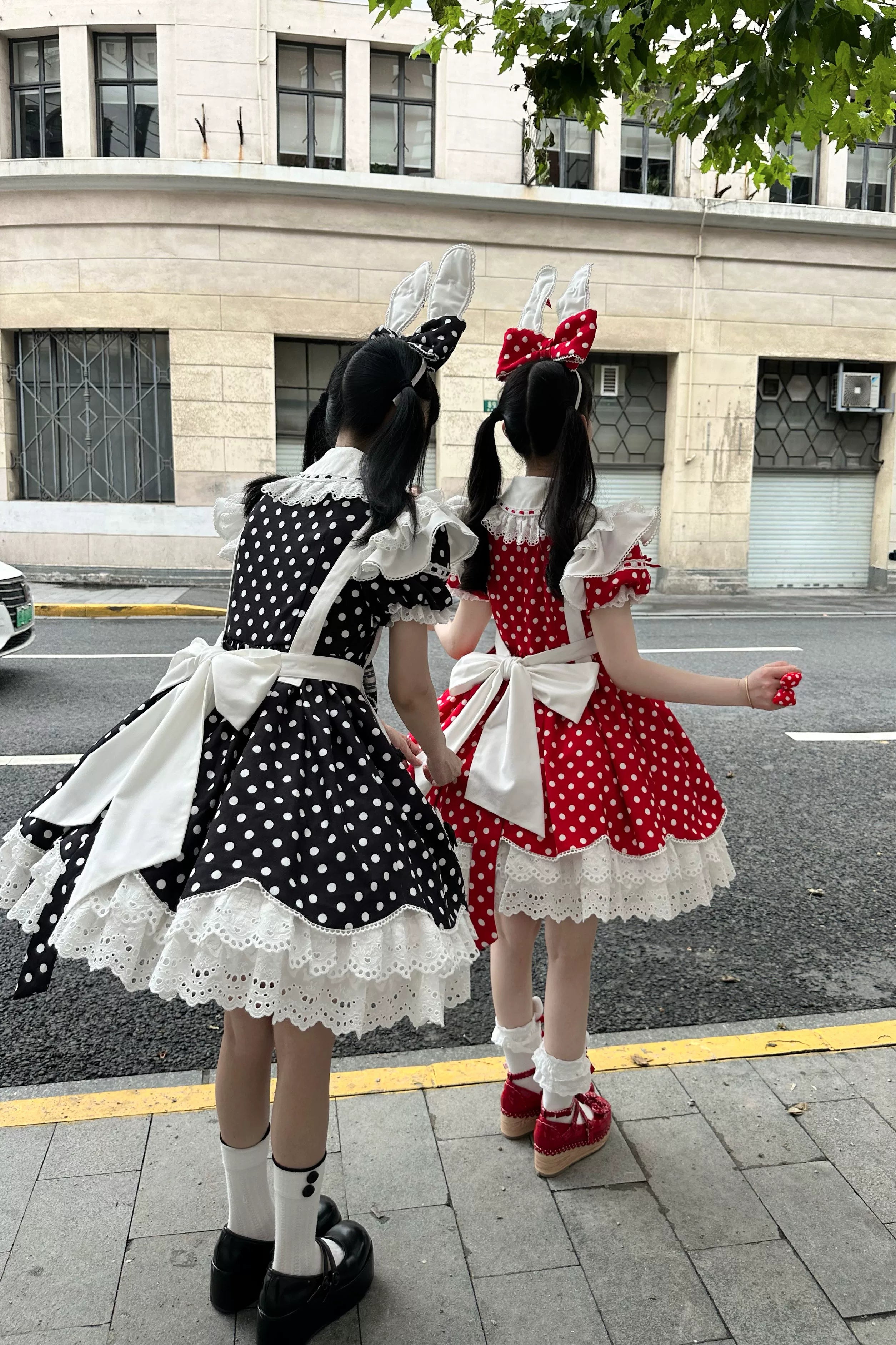 Bunny Kissaten - Four Colors Old School Lolita Polka Dot OP, Bunny Ear Apron 45824:864306