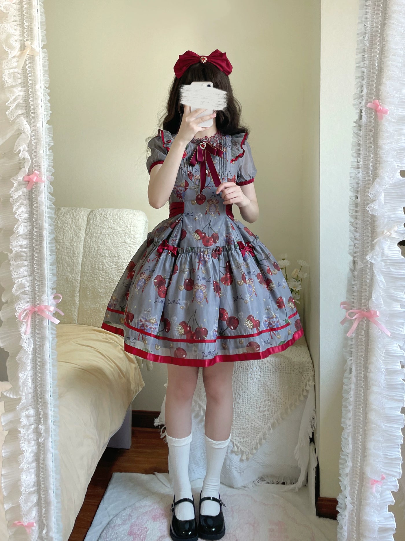 (Buy for me)Gloaming~Sweet Lolita Cherry print Short Sleeve OP and SK Set   