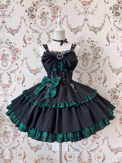 Alice Girl~Gothic Lolita Dress Blue Plaid Jumper Dress XS black green(new version, without ruffle on bust) 