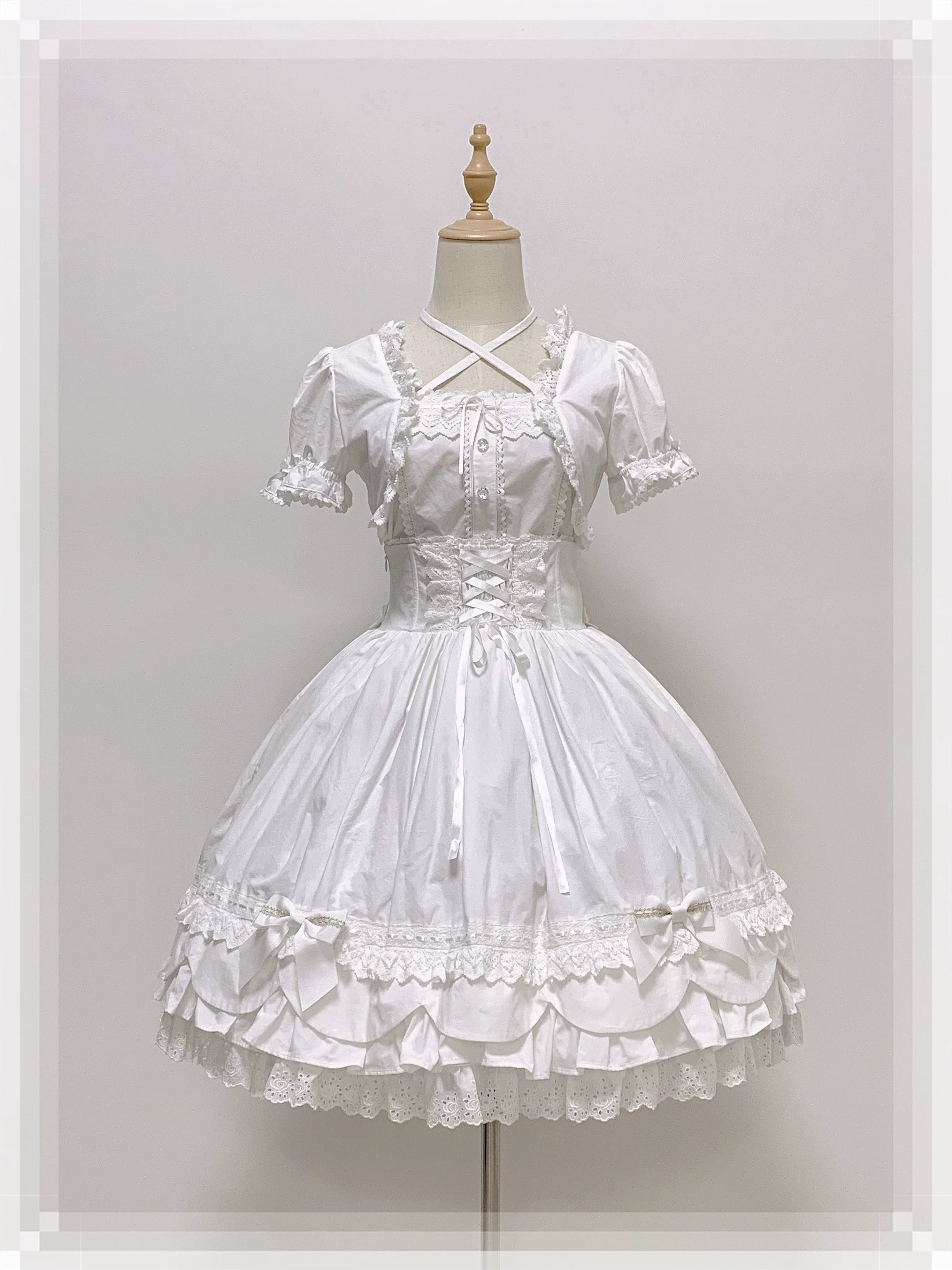 Haruhime Momoko - Cotton Old School Lolita Skirt with Tiered Back Overlay White SK Only (with white tiered back overlay) One size