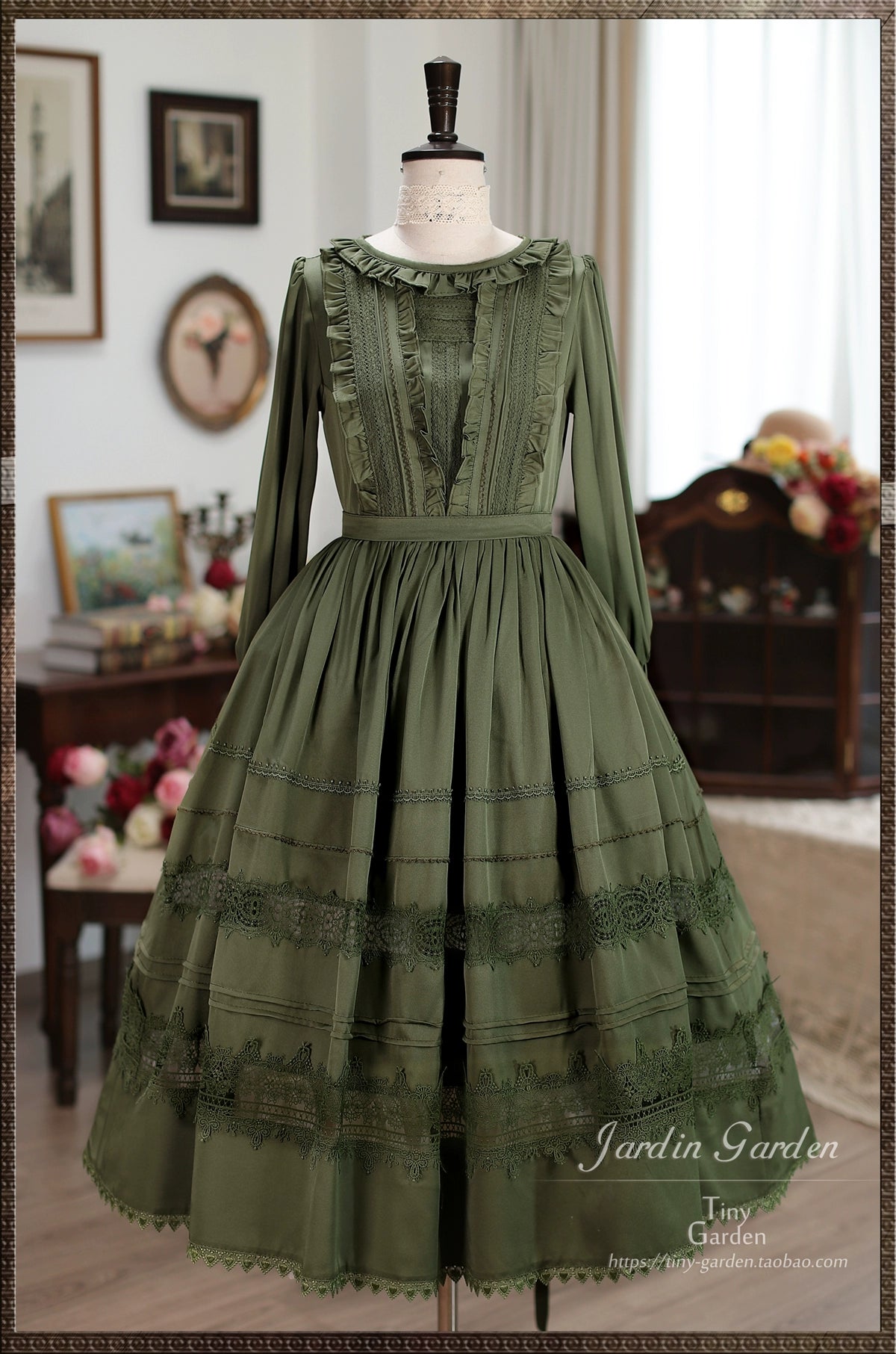 Tiny Garden~Spring Whispers~Elegant Lolita OP Dress French Style Long/Short Sleeve Long sleeve S (long length) Forest green (Chiffon)