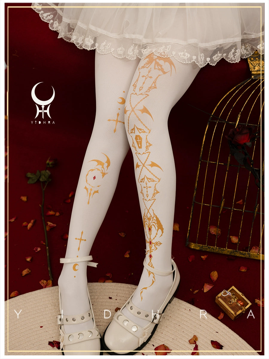 Yidhra~Dragon of Last Descent~Winter Lolita Pantyhose Goth Halloween Socks Free size White Gold - Regular Style 