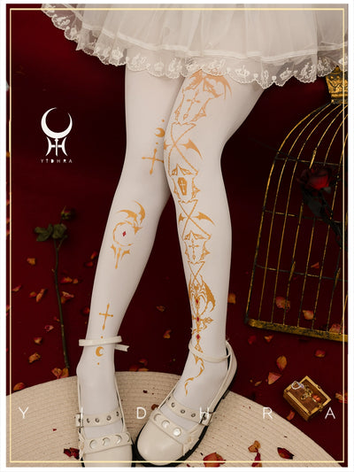 Yidhra~Dragon of Last Descent~Winter Lolita Pantyhose Goth Halloween Socks 120D Velvet Style White Gold - Regular Style 