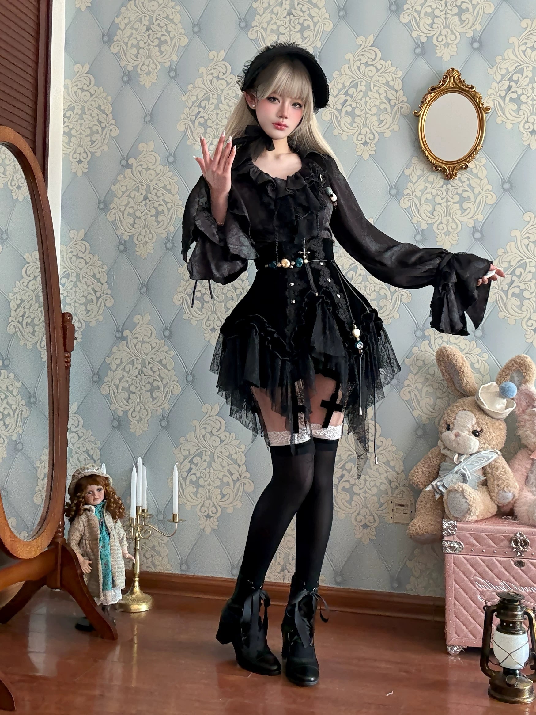 Bone Garden - Printed Gothic Lolita Skirt, Boning Corset