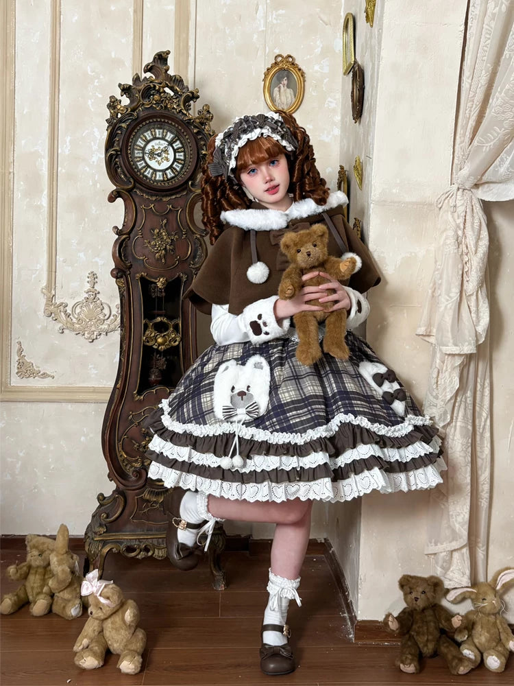 Winter Sweet Lolita Cape & JSK Dress Set, Teddy Bear Patch 45974:870009