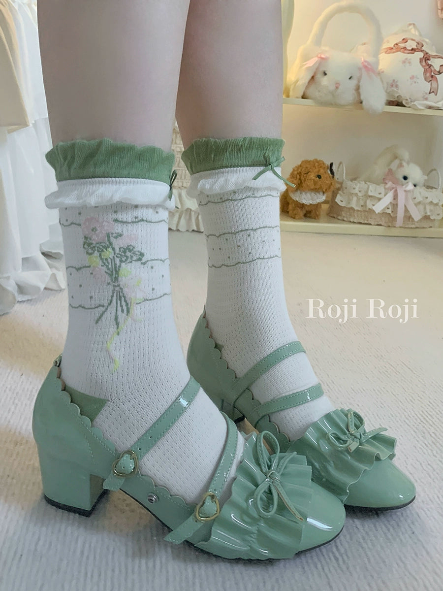 Roji Roji - Spring Floral - Sweet Cotton Lolita Ankle Socks One Size Green