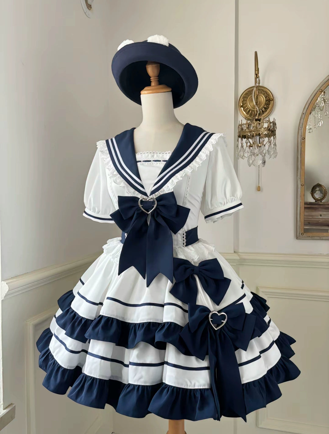 Platycodon House~Going to the Sea~Sailor Lolita OP Youth Lolita JSK Tiered Dress S Navy blue OP - with sleeves (excluding hat)