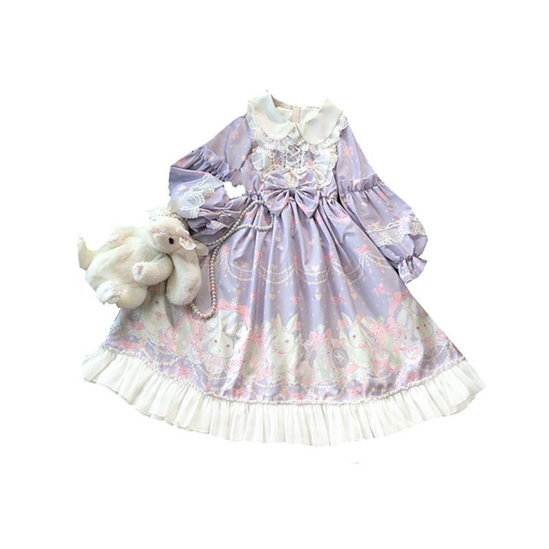 Doujiang~Kawaii Lolita OP Rabbit Print Pink Purple Lace Princess Dress