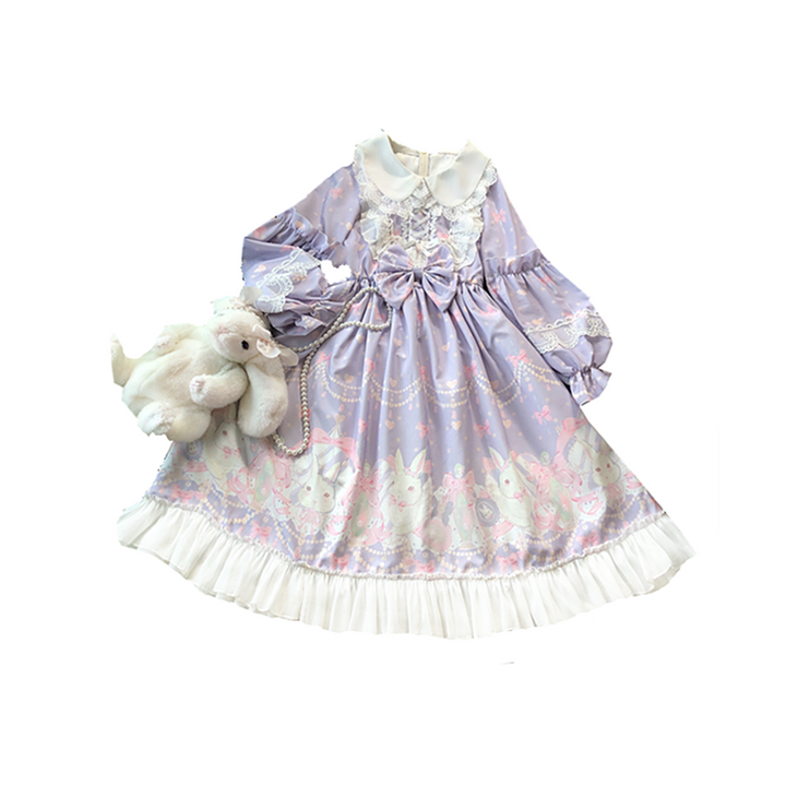 Doujiang~Kawaii Lolita OP Rabbit Print Pink Purple Lace Princess Dress   