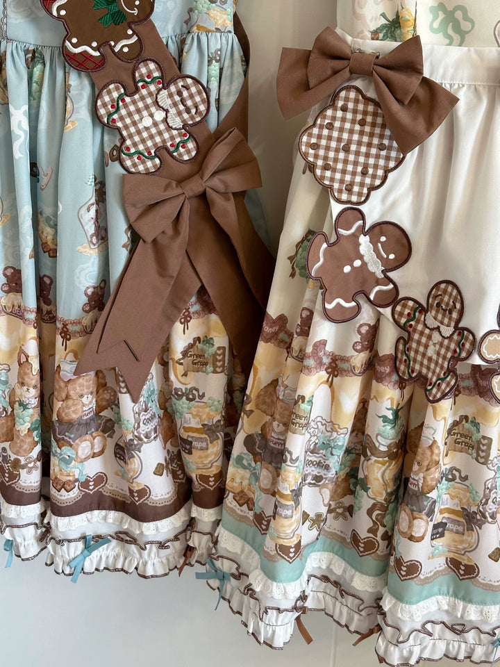 Babyblue~Little Bear Honey Jar~Kawaii Lolita Short Sleeve OP Gingerbread Man Embroidered Dress 40362:656866