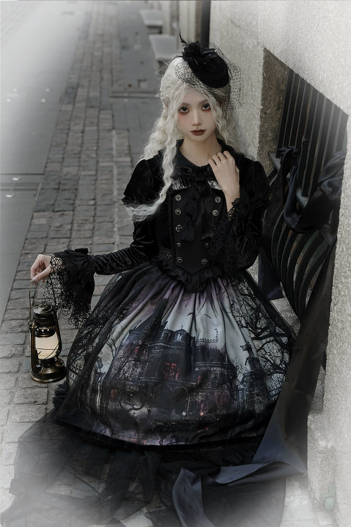 LilithHouse~Horror House~Gothic Lolita OP Set with Cape and Castle Print