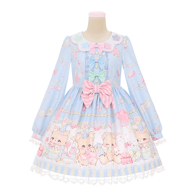 (BFM)To Alice~Dear Dolls~Sweet Lolita OP Dress Petal Collar Bear Print Long Sleeve size 0 Blue dress 