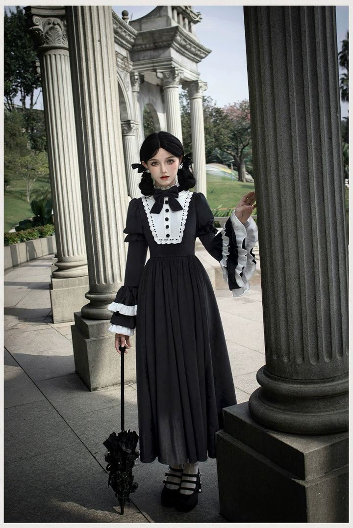 With PUJI~Sleepless Night~Classic Lolita Black OP Dress White Princess Sleeves   