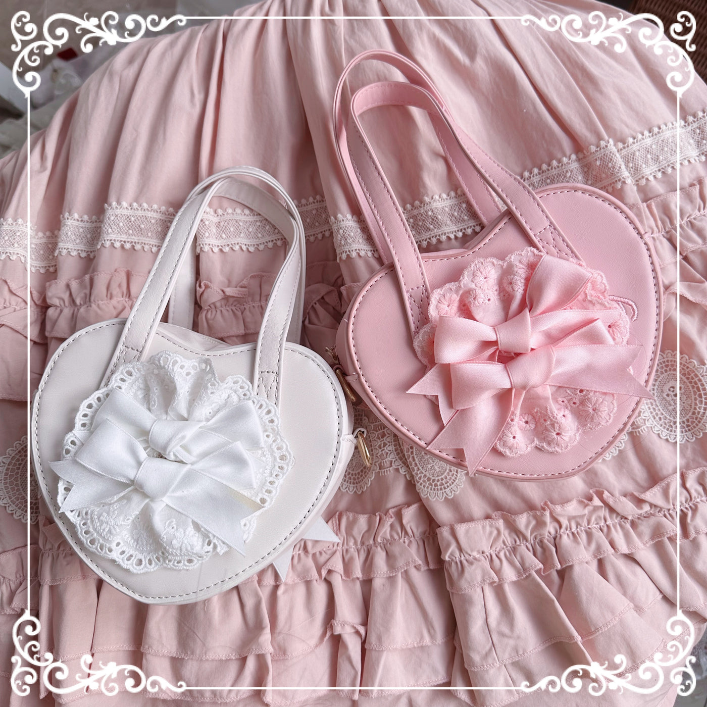 Chestnut Lolita~Kawaii Lolita Heart-Shaped Hand-Held Leather Bag lace pink  