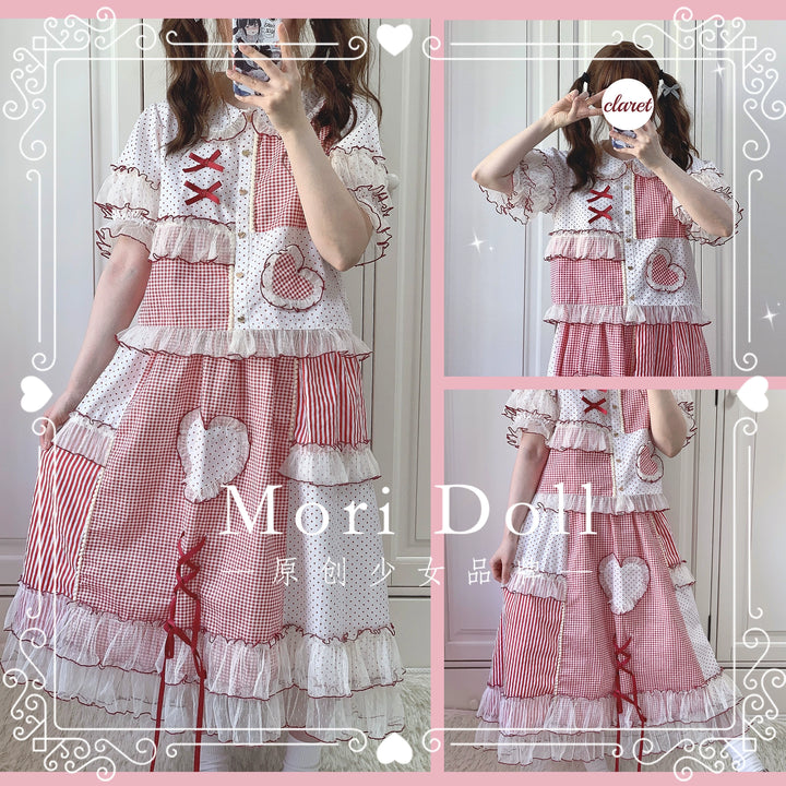 Mori Doll~Peach Tea~Sweet Lolita Dot and Stripe Print Short Sleeve Blouse