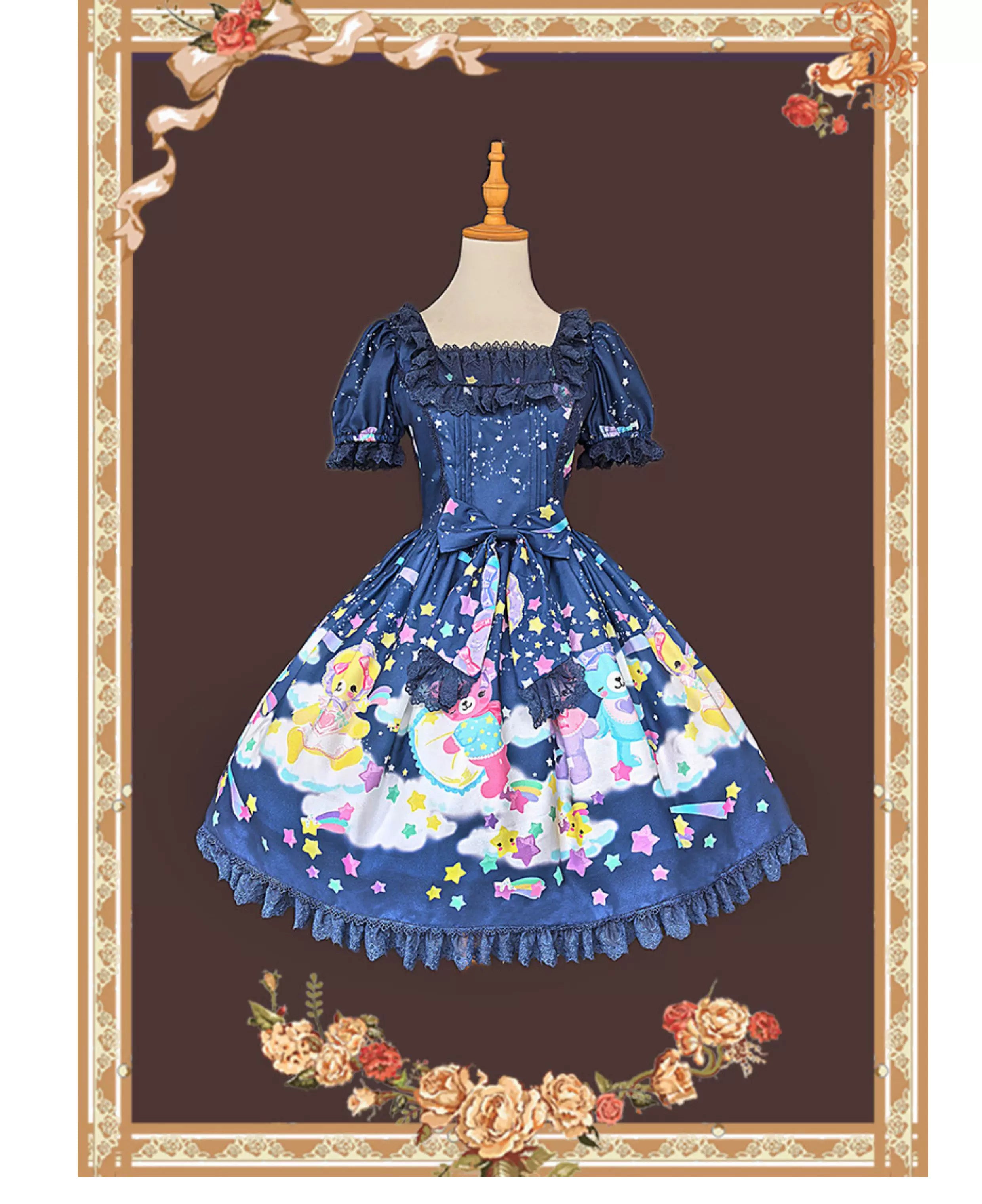 Sleepy Bear - Kawaii Lolita Bear and Star Printed Dress (L M S XL / Pre-order) 45663:857669