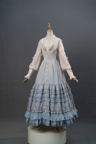 (BFM)Fantastic Wind~Leno Lily~Elegant Lolita JSK Dress Full Set Embroidered PH Style S Blue-JSK 
