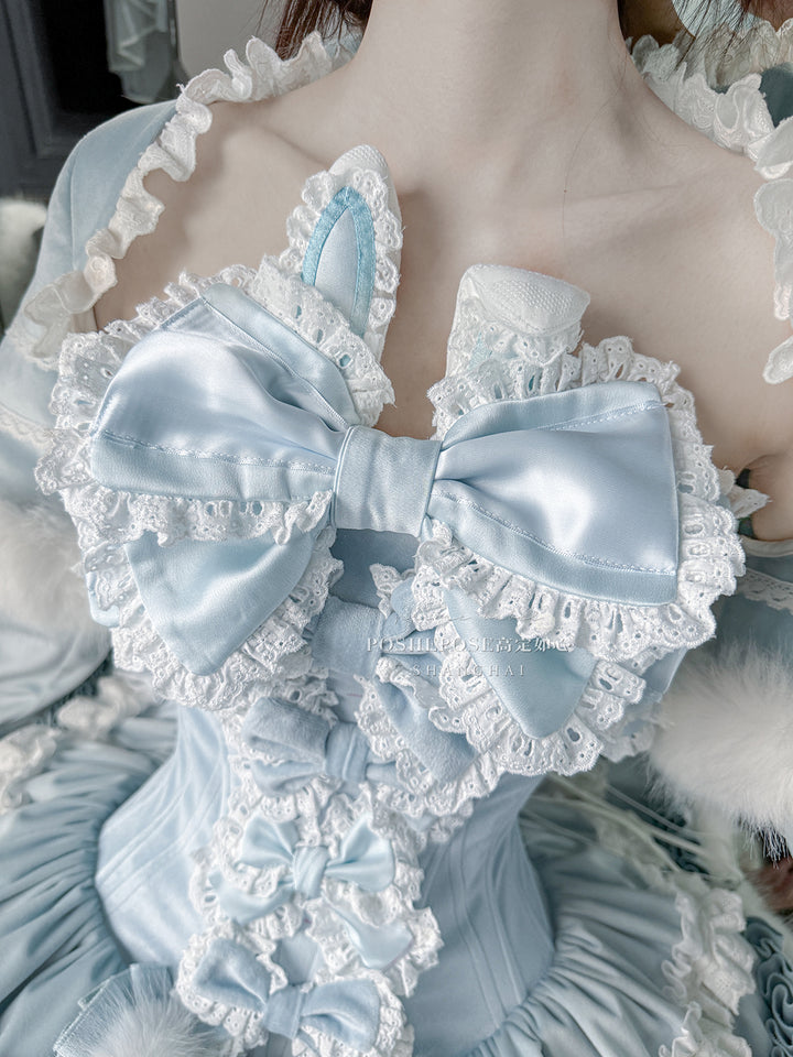 POSHEPOSE~Chuling Swan Lake~Sweet Lolita JSK Set Velvet Blue Dress for Prom