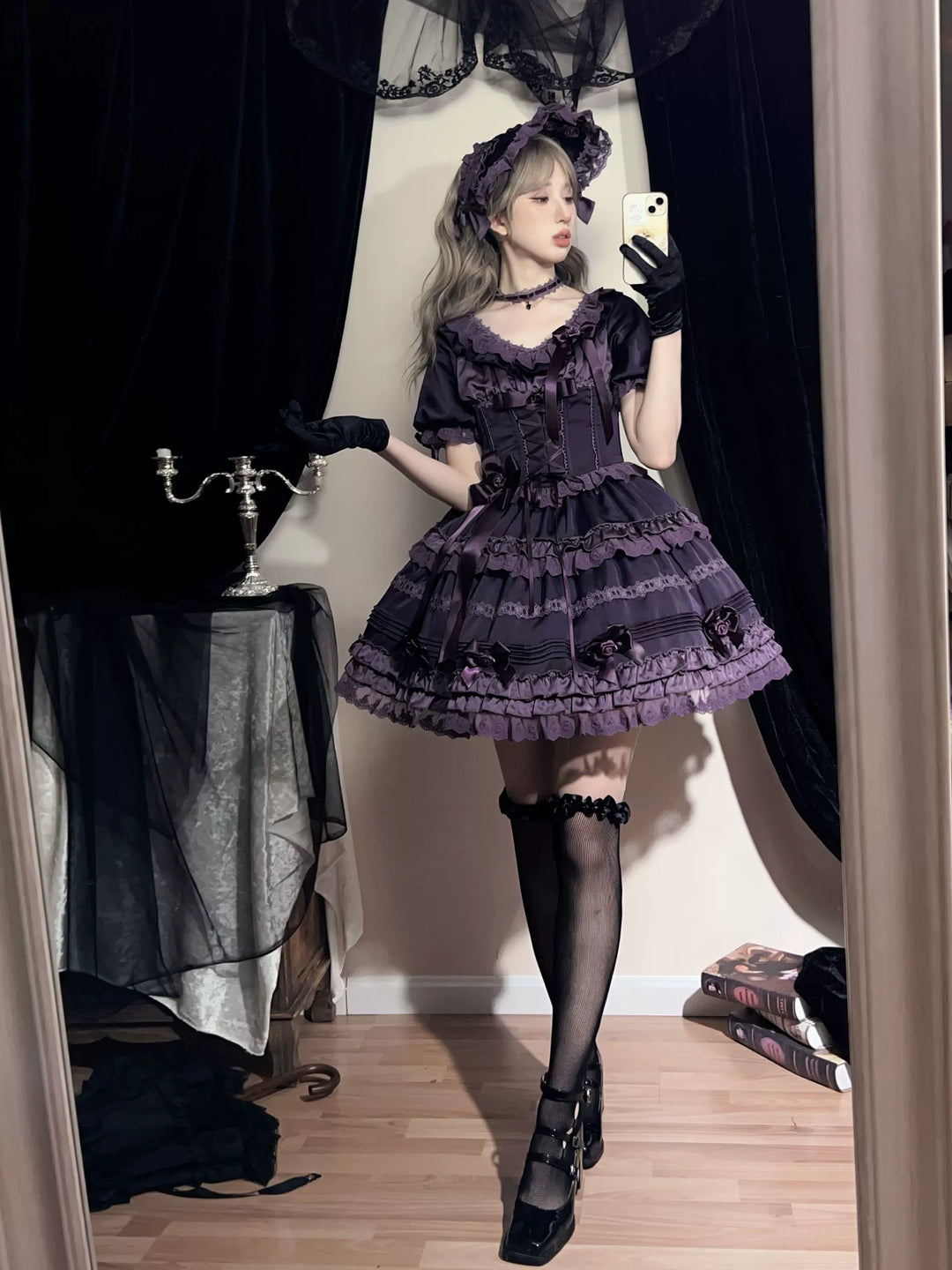 Uncle Wall Original~Stacked Black Currant~Gothic Lolita OP Dark Adjustable Lolita Dress   