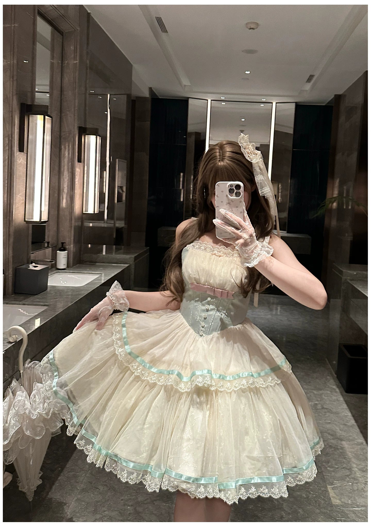 Sea Salt Soda - Classic Lolita Adjustable Corset JSK Dress, Tiered Tulle Hem 45257:856387