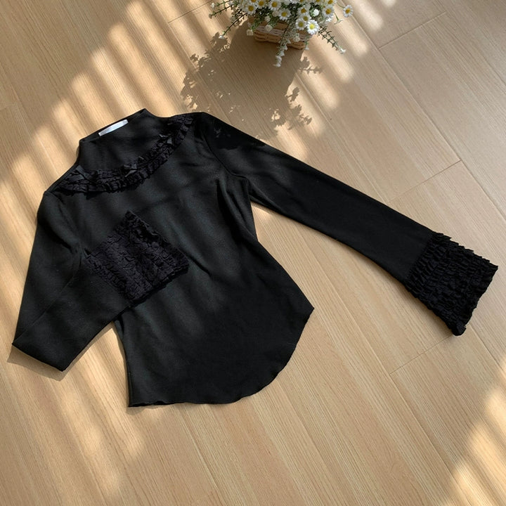 With PUJI~Snowfall~Winter Lolita Sweater Long Sleeve Knitted Innerwear Black (In Stock) S