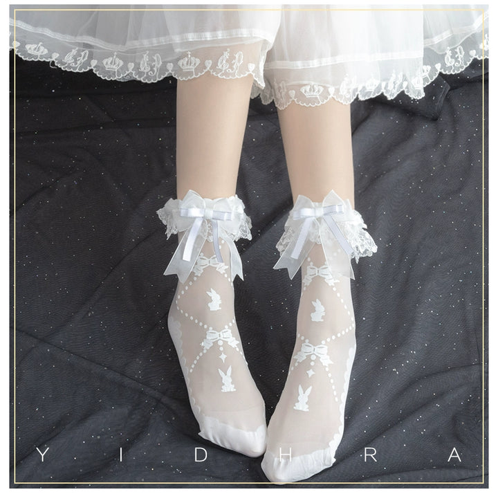 Yidhra~Bear Gummy and Milk Candy Bunny~Sweet Lolita Short Socks Lovely Socks Free size Milk candy rabbit - white 