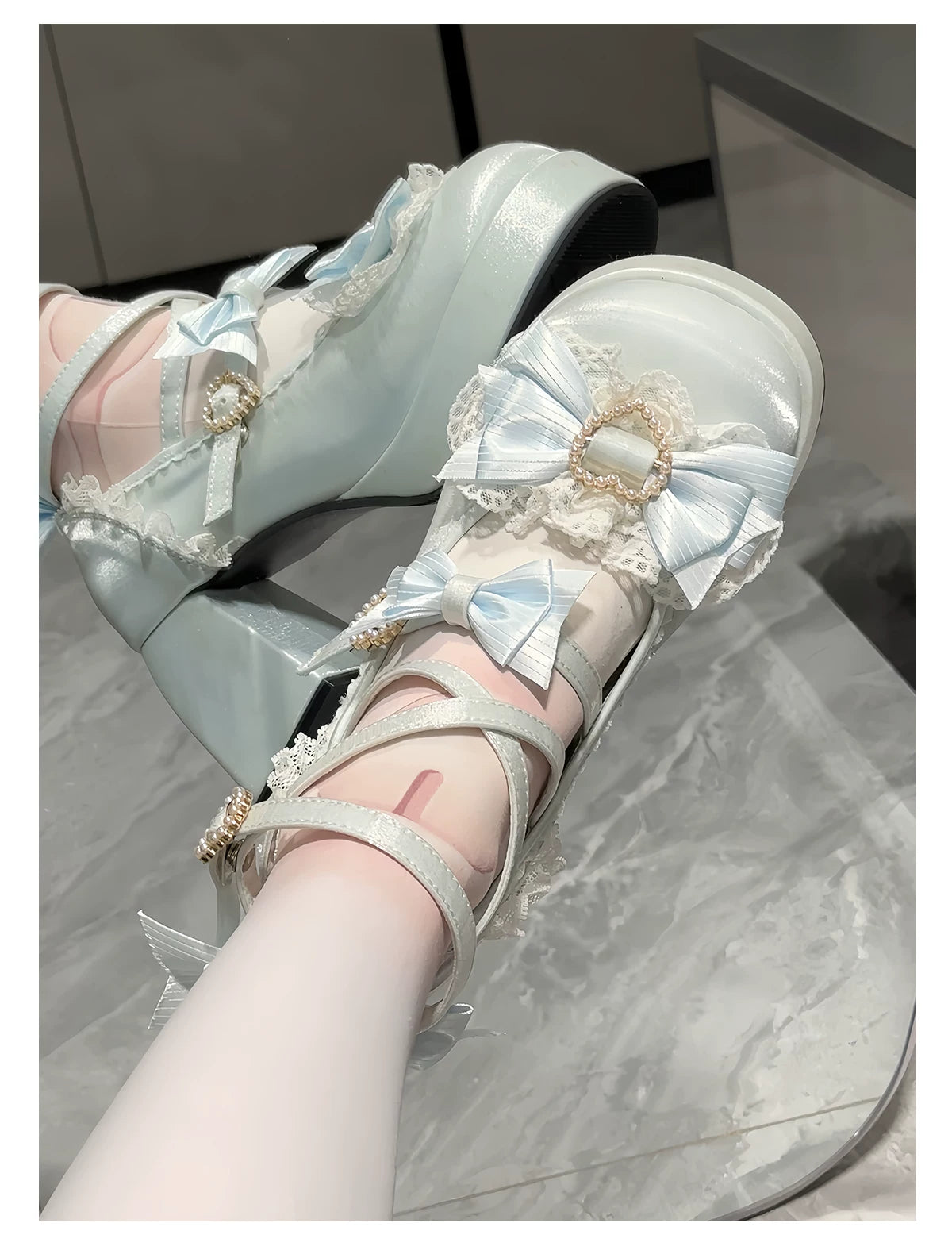 Romance of Hearts - Sweet Lolita Chunky Heeled Shoes, Pearl Heart Accents 45692:859265
