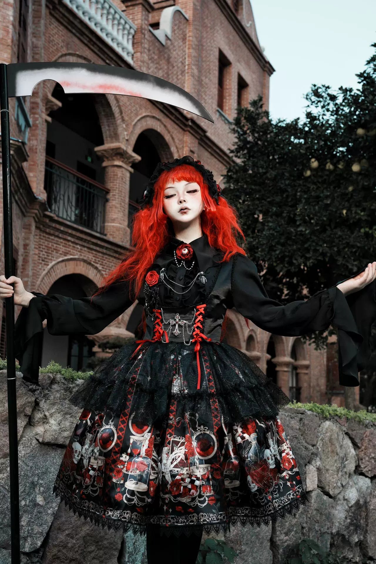 Blood Research Lab - Gothic Lolita JSK Dress, Rose & Skull Print 44449:808789